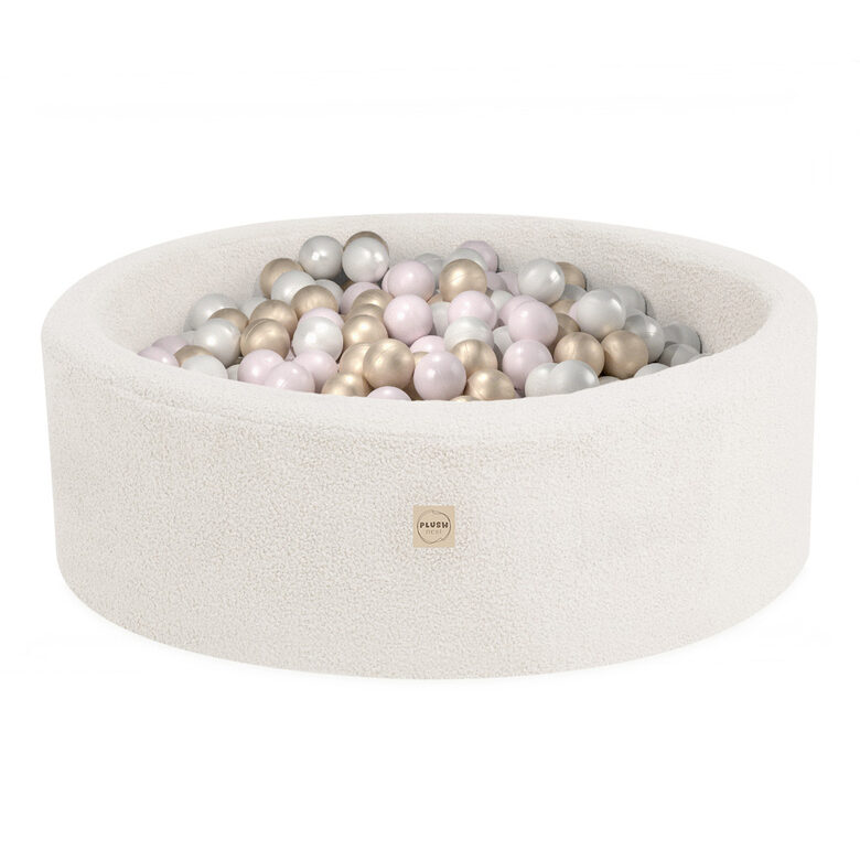 PLUSH NEST Dry pool, round, 90x30 cm, cream lamb (+200 balls gold, pearl, light pink pearl)